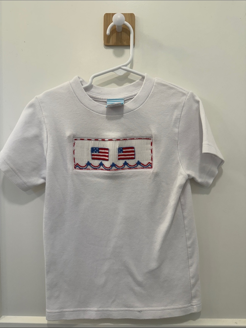 Kids White Short-Sleeve Tee with Red & Blue Flag Applique